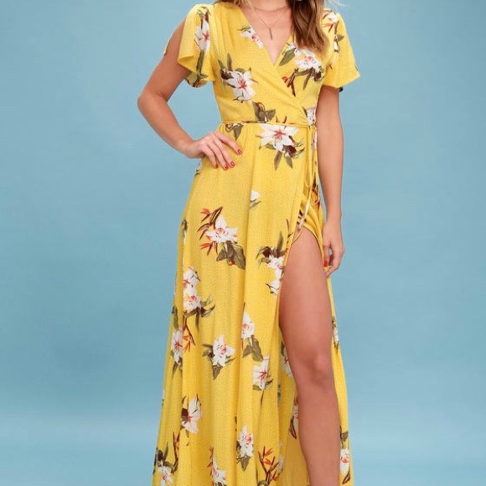 Lulus yellow floral wrap dress